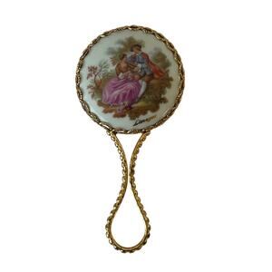 Limoges Hand Mirror Fragonard Courting Couple Porcelain Gold Filigree Vintage